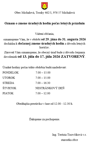 Zmena úradných hodín počas letných prázdnin